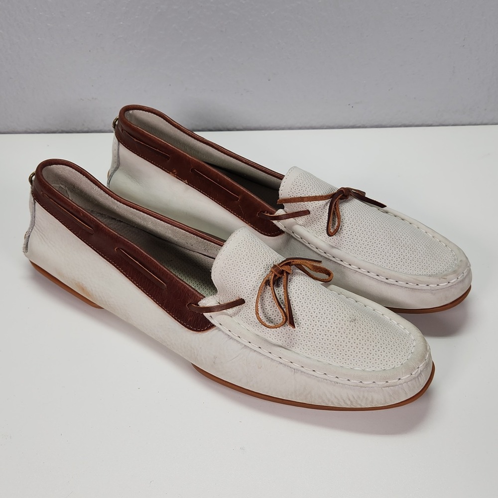 Bally Leather Boat Shoes Loafers Driving Shoes White Brown Luxury Men's 12 M